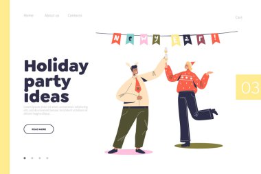 Yeni yıl etkinliğinde dans eden neşeli erkek ve kadınların olduğu tatil partisinin açılış sayfası