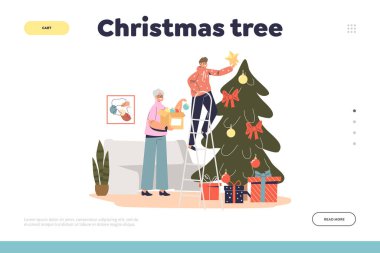 Noel ağacı konsepti. Mutlu büyükanneyle birlikte çam ağacı süsleme sayfası. Torunla birlikte.