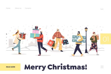 Yeni yıla hazırlık için hediye kutuları taşıyan insanların olduğu mutlu noel iniş sayfaları.