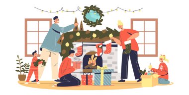 Mutlu aile dekorasyon odası Noel kutlaması için şömineye çorap koyun.
