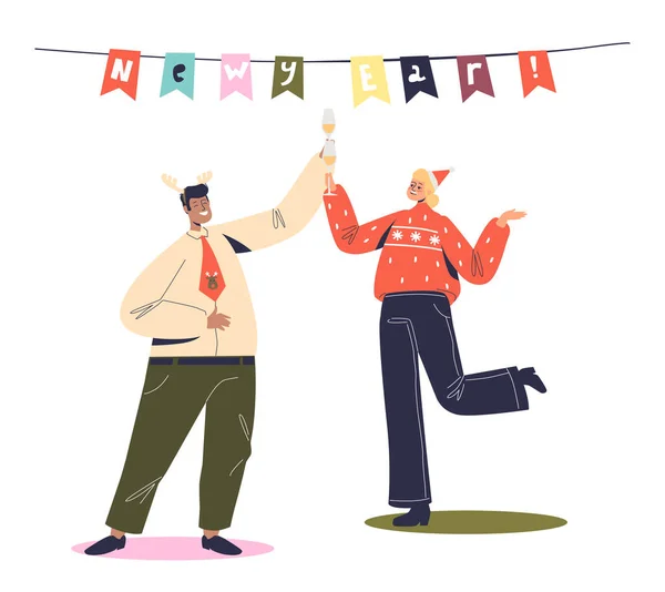 Veselý muž a žena tančí na firemní novoroční párty. Šťastní spolupracovníci slaví Vánoce — Stockový vektor