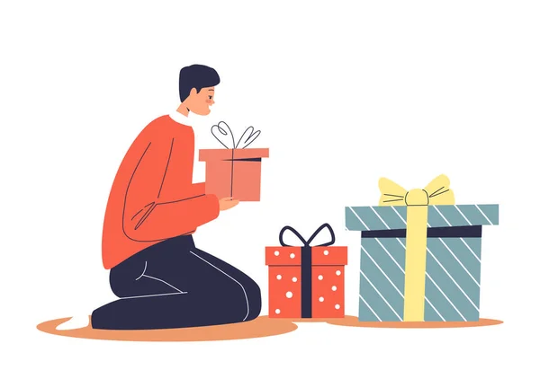 Хлопчик упаковує різдвяні подарунки в подарункові коробки з декоративним папером, готуючись до зимових канікул — стоковий вектор