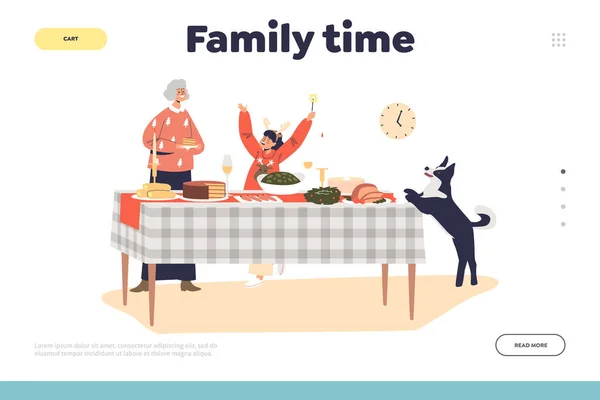 Rodinný čas na vánoční přistávací stránce s babičkou a dívkou servírující stůl na prázdninovou večeři — Stockový vektor