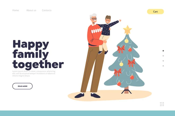 幸せな家族一緒に上のクリスマスランディングページとともに祖父とともに子供男の子とともにクリスマスツリー — ストックベクタ