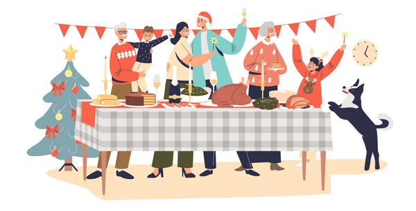 Joyeux Noël famille célébrer rassemblement à la table décorée pour le dîner de vacances — Image vectorielle