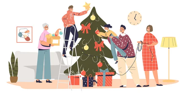 Gran familia decorando árbol de Navidad juntos colgando bolas de decoración, guirnalda y estrella en pino abeto — Vector de stock