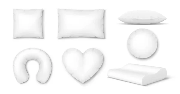 Oreillers et coussins de lit : voyage gonflable, orthopédique pour le cou, plume pour dormir confortablement — Image vectorielle