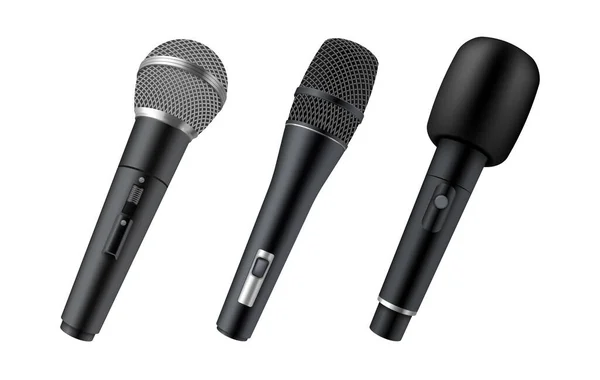 Ensemble de microphones sans fil réalistes. Des micros modernes. Microphones de musique pour le chant ou le divertissement vocal — Image vectorielle