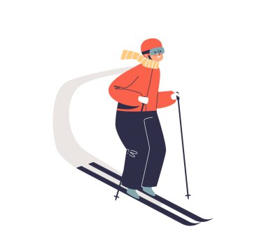 Kayak yapan çocuk. Yokuş aşağı kayan küçük çocuk kış tatillerinin ve açık hava etkinliklerinin tadını çıkarıyor.