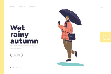 Islak yağmurlu sonbahar konsepti. Elinde şemsiyeyle yağmurda yürüyen bir adamın iniş sayfası.