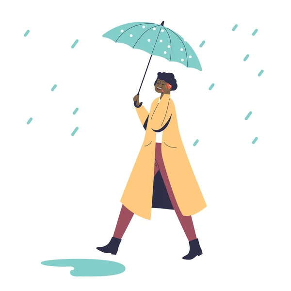 Stylish woman in coat walk under umbrella in rainy day. Female protecting from rain — Stock Vector