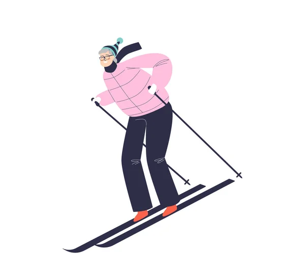 Woman skiing. Female riding ski downhill enjoying winter resort, holidays and outdoor activities — Stock Vector