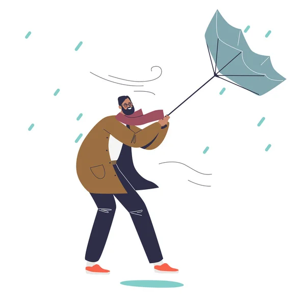 Muž zápasí s větrem držícím deštník v deštivém podzimním dni. Muž trpí deštěm venku — Stockový vektor