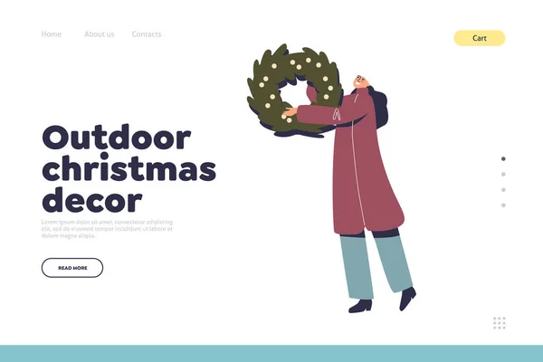 Conceito de decoração de Natal ao ar livre de landing page com mulher segurar grinalda xmas —  Vetores de Stock