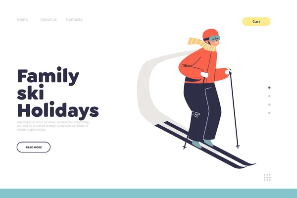 Vacanza sciistica in famiglia concetto di landing page con bambino ragazzo sciare durante le vacanze invernali — Vettoriale Stock