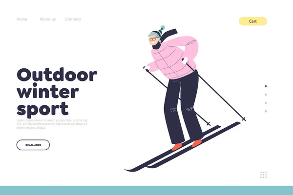 Desporto de inverno ao ar livre landing page com mulher esqui. Feminino passeio de esqui downhill desfrutar de resort de inverno —  Vetores de Stock