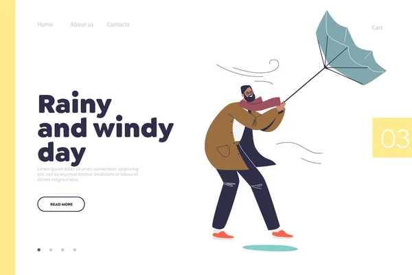Conceito de dia ventoso chuvoso de landing page com homem luta com vento segurando guarda-chuva na chuva —  Vetores de Stock
