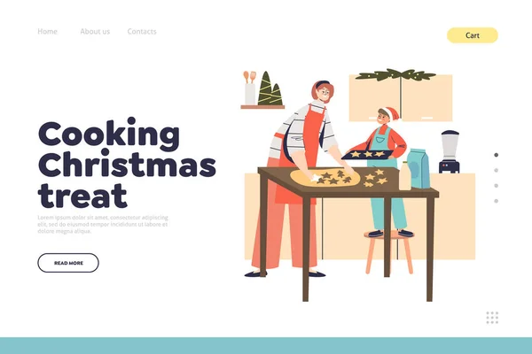 Vaření vánoční zacházet koncept přistávací stránky s matkou a dítě pečení perník cookie — Stockový vektor