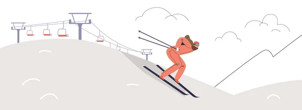 Kvinnlig skidåkare njuta av vintersemester på skidorten. Lycklig ung kvinna rider utför i bergen — Stock vektor