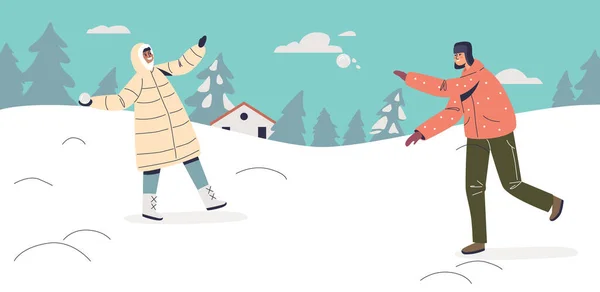 Glückliche Kinder, die Schneebälle spielen. Kinder genießen den Winter, lustige Outdoor-Aktivitäten und das Wetter im Urlaub — Stockvektor
