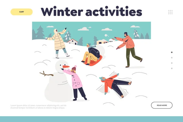 Attività invernali pagina di atterraggio con i bambini divertirsi giocare palle di neve, fare pupazzo di neve e angelo della neve — Vettoriale Stock