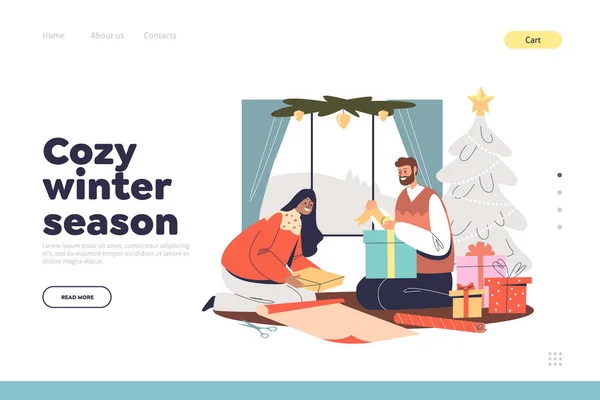 Conceito de estação de inverno acolhedor de landing page com feliz casal embrulhando presentes para o Natal —  Vetores de Stock