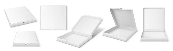 Conjunto de cajas de pizza. Paquete de pizza abierto y cerrado, maqueta de cartón blanco de papel de vista superior o frontal — Archivo Imágenes Vectoriales