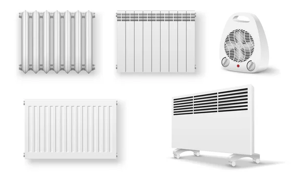 Aparelho radiador aquecedor. Dispositivo de parede e elétrico cheio de óleo, convetor e ventilador de calor — Vetor de Stock
