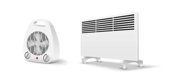 Комплект электронагревателей: тепловентилятор и масляные радиаторы для отопления в помещениях в холодное время года — стоковый вектор