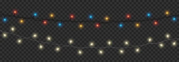 Lights bulbs. Glowing golden and colorful christmas garlands string. New Year party lights — Stock Vector