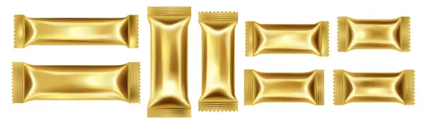 Набор реалистичных золотых пакетов для шоколадной плитки. Упаковка для печенья, печенья, сладостей — стоковый вектор