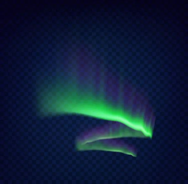 Green northern polar lights glow. Arctic aurora borealis, amazing glowing wavy illumination — Stock Vector