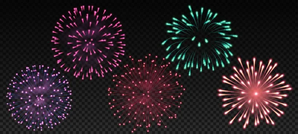 Helder realistisch vuurwerk op transparante achtergrond. Feestelijke viering groet en flitsen in de lucht — Stockvector