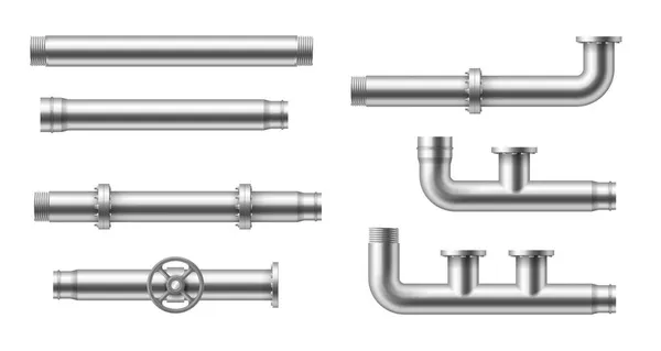 Realistische Pfeifen. Wasserrohrleitungen mit Ventilen, Gelenken und Anschlüssen, Rohrleitungselemente aus Stahl — Stockvektor