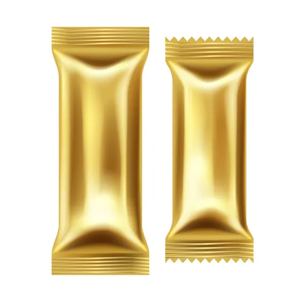 黄金の箔パックの現実的なモックアップ。チョコレートバー用のテンプレートパッケージ。フローサシェ — ストックベクタ