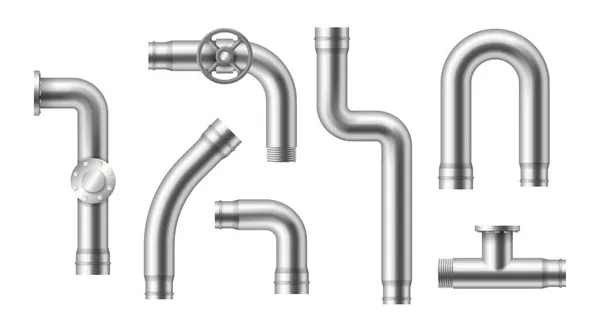 Metallleitung. Realistische Industrieschläuche mit Anschlüssen und Ventilen. 3d Edelstahlrohre — Stockvektor