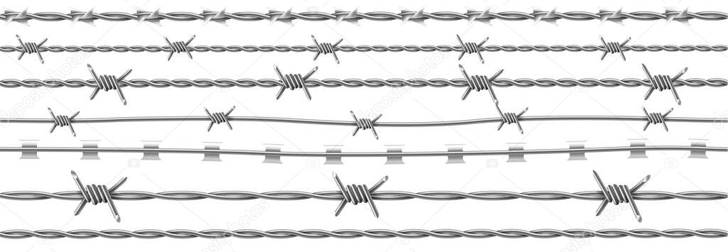 Steel barbwire set, wire with barbs. Realistic seamless metal chain for prison fence, security line