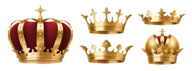 Gerçekçi altın taçlar. Kral ve kraliçenin başlığı. Kraliyet altın soylu aristokrat mücevherleri
