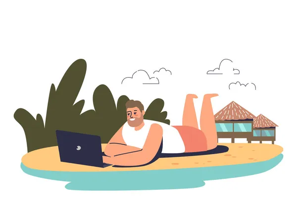 El hombre trabaja en la playa. Hombre freelancer utilizar el ordenador portátil tumbado en paradize playa. Trabajador con portátil — Vector de stock