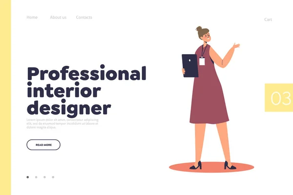 Profesionální design interiéru koncepce přistávací stránky s dámou při práci prezentující design nábytku — Stockový vektor