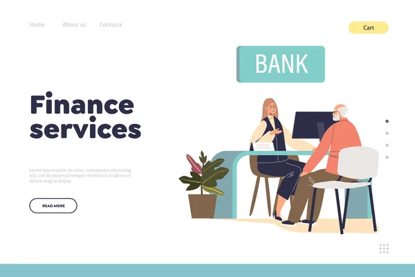 Finanzas concepto de servicios de landing page con el hombre mayor visita banco sentarse en la oficina hablando con el gerente — Archivo Imágenes Vectoriales