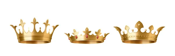 Χρυσές κορώνες για το βασιλιά ή τη βασίλισσα, στεφάνι κόμμωση για το μονάρχη. Βασιλικό σύμβολο στέψης μοναρχίας — Διανυσματικό Αρχείο