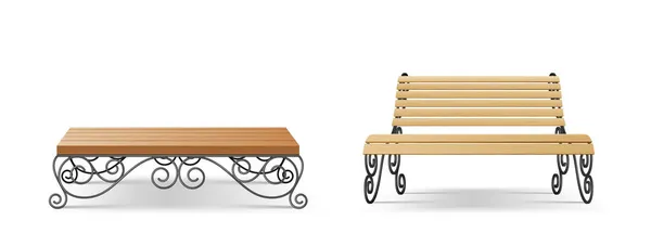 Ξύλινο παγκάκι ή καρέκλα πάρκου, ξύλινα καθίσματα κήπου. Ρεαλιστικά έπιπλα καθιστικού για ανάπαυση στο δρόμο — Διανυσματικό Αρχείο