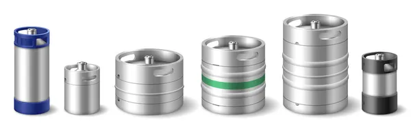 Conjunto de barriles realistas de bebidas metálicas para el transporte y almacenamiento de líquidos — Vector de stock