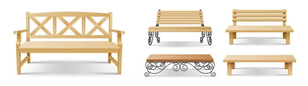 Деревянные скамейки в парке, наружные сиденья из коричневой древесины с декоративными коваными металлическими ножками и подлокотниками — стоковый вектор
