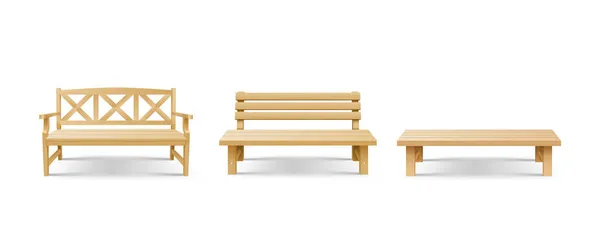 Деревянные скамейки установлены для парка или сада. Реалистичная открытая мебель для комфортного отдыха — стоковый вектор