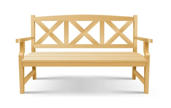 Banco de madera clásico con reposabrazos. Elemento de relajación al aire libre, decoración de banco amarillo del patio — Vector de stock