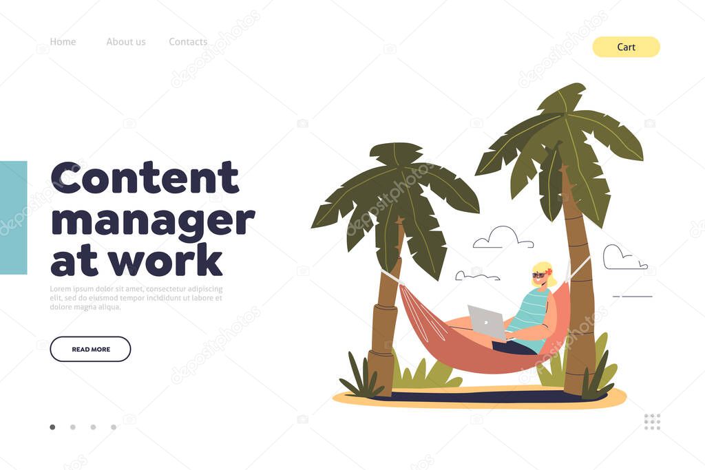 Content manager at work concept of landing page with young girl typing on laptop lying in hammock