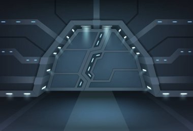 Gelecekçi metal sürgülü kapılar. Koridor uzay gemisinin gerçekçi iç mekanı. Giriş kapısı kapalı.