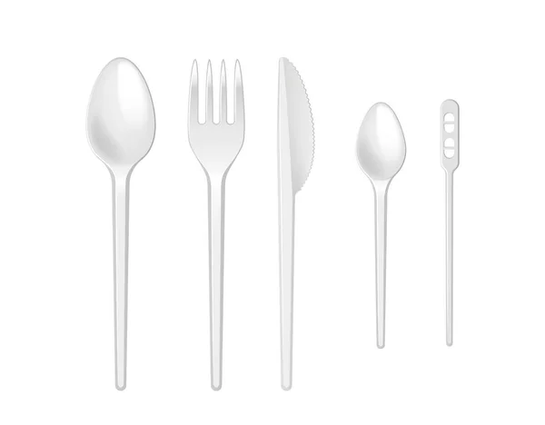 Tenedor desechable blanco, cuchillo y cuchara. utensilio de cocina de plástico realista, juego de servir — Vector de stock